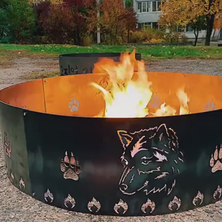 Wolf Heavy Duty Fire Pit Ring, Custom Backyard Fire Ring, Outdoor Metal Fire Pit, Wild Animals Nature Patio Fire, Hot Roll Steel Fire Pit