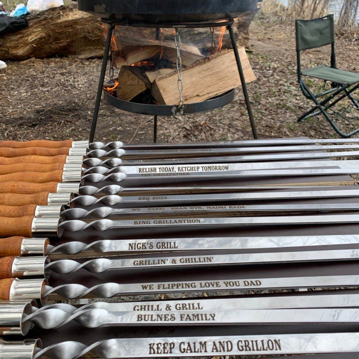 Personalized BBQ Stainless Steel 29" Skewers Set 10 PCS With Wood Handle, Customized Engraving Kebab Shamrock, Gift For Him, Spit Grill Set