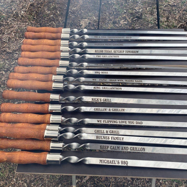 Personalized BBQ Stainless Steel 29" Skewers Set 10 PCS With Wood Handle, Customized Engraving Kebab Shamrock, Gift For Him, Spit Grill Set