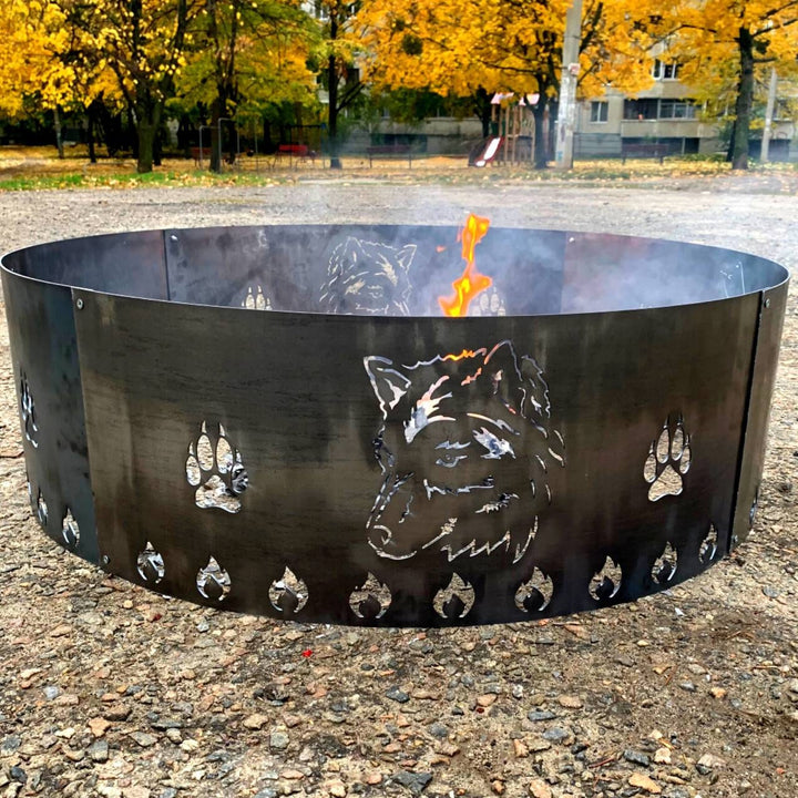 Wolf Heavy Duty Fire Pit Ring, Custom Backyard Fire Ring, Outdoor Metal Fire Pit, Wild Animals Nature Patio Fire, Hot Roll Steel Fire Pit