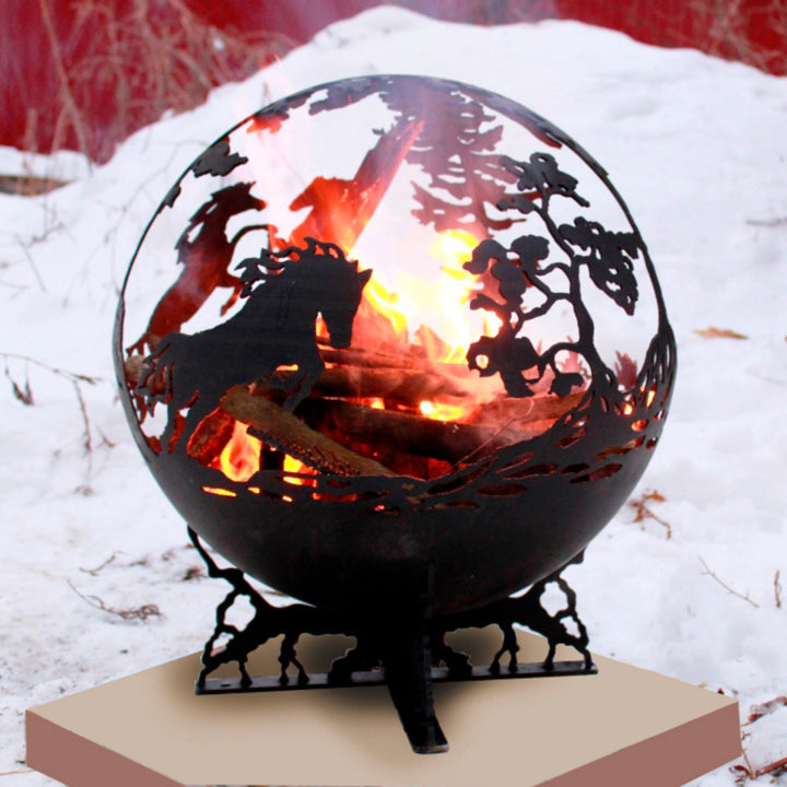 Running Horses Fire Pit Sphere, Personalized Fireball, Custom Art Fire Place, Outdoor Backyard Fire Ball, Patio Fire Pits, Gift For Him