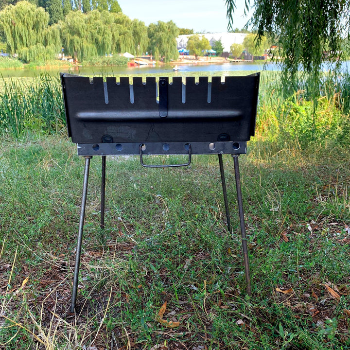Collapsible Brazier For 10 Skewers + Gift Tarpaulin Cover, Flat Pack Charcoal Grill, Outdoor Fire Pit, Wood Burning BBQ, Camping Barbecue