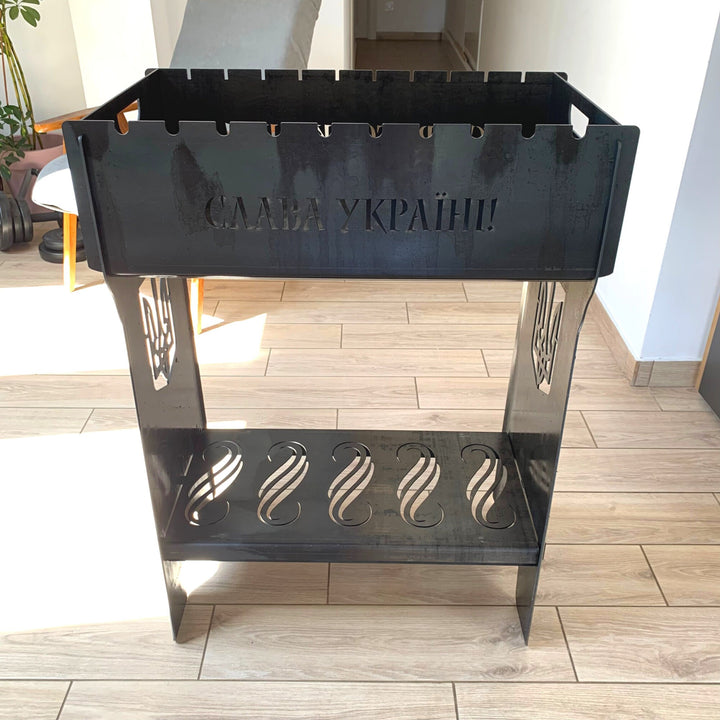 Personalized Collapsible High Brazier 10 skewers With Engraving And Decorative Divider For Firewood, Custom Fire Pit, Barbecue Mangal, BBQ