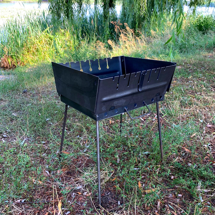 Collapsible Brazier For 10 Skewers + Gift Tarpaulin Cover, Flat Pack Charcoal Grill, Outdoor Fire Pit, Wood Burning BBQ, Camping Barbecue