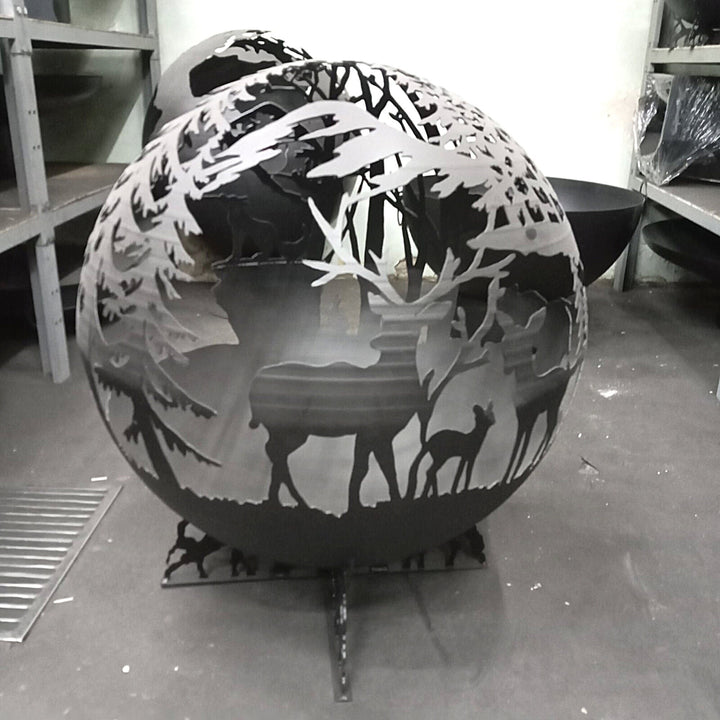 Animals In The Wood Globe Fire Ball 20", Steel Fire Place, Plasma Cut Fire Pit, Metal Garden Globe Sphere, Patio Fire Pits, Custom Designs